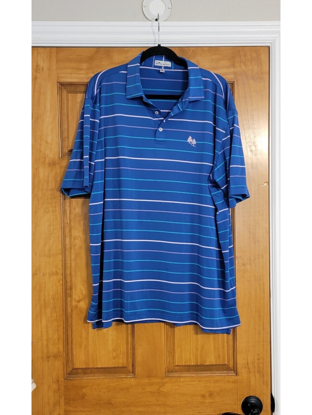 Peter Millar polo golf shirt SZ XL Blue Purple Striped Summer Cool Trees travel